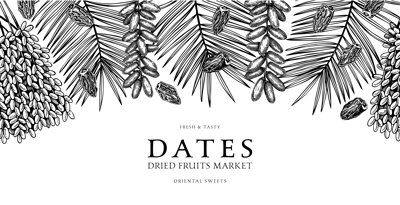 Hand drawn border design with date palm leaves and ripe fruit illustrations. Healthy food ingredients sketches isolated on chalkboard. Oriental sweets vector background. Vintage dried dates background